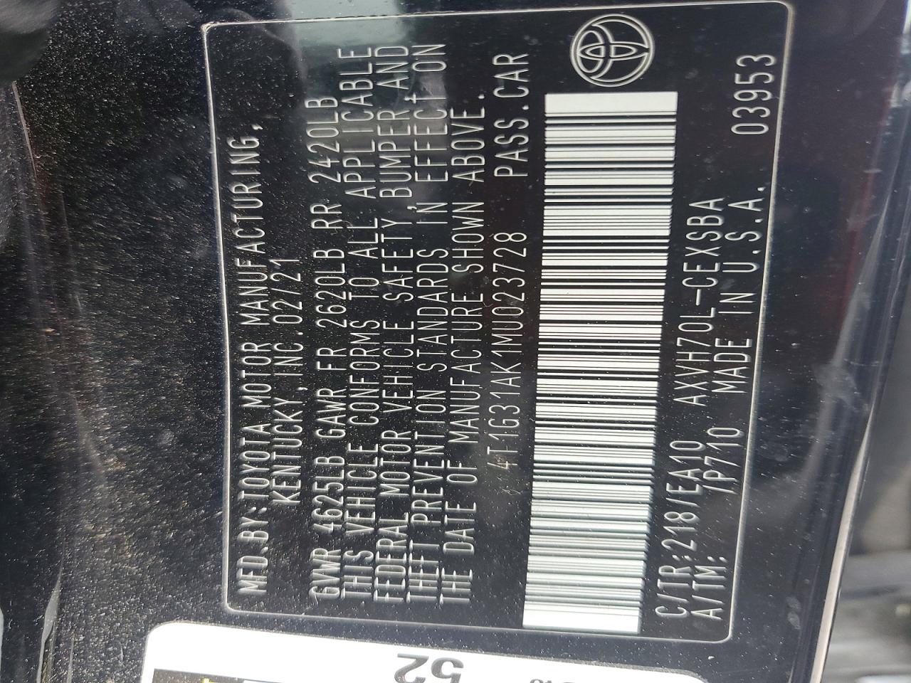 2021 Toyota Camry sola VIN 4T1G31AK1MU023728 photo 12