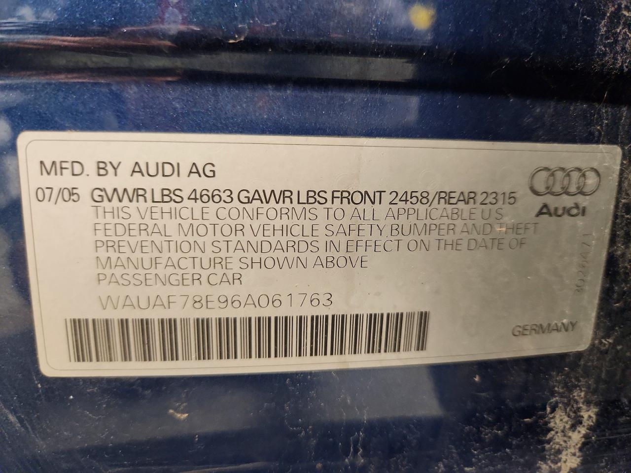 2006 Audi A4 VIN WAUAF78E96A061763 photo 12
