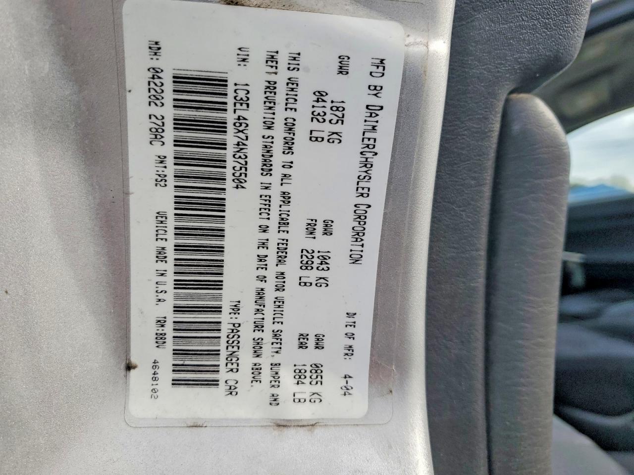 2004 Chrysler Sebring VIN 1C3EL46X74N375504 photo 12