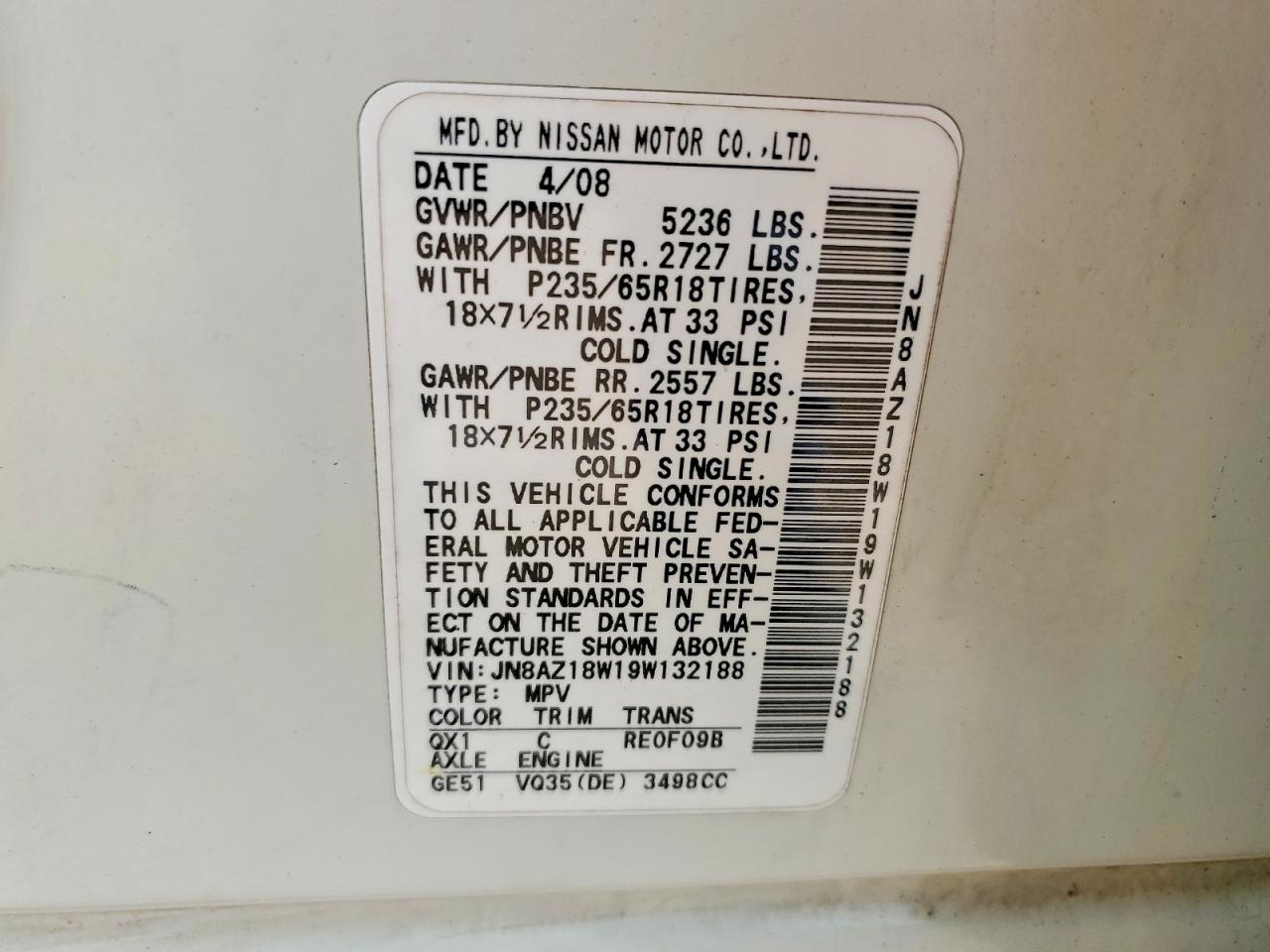 2009 NISS Murano VIN JN8AZ18W19W132188 photo 12