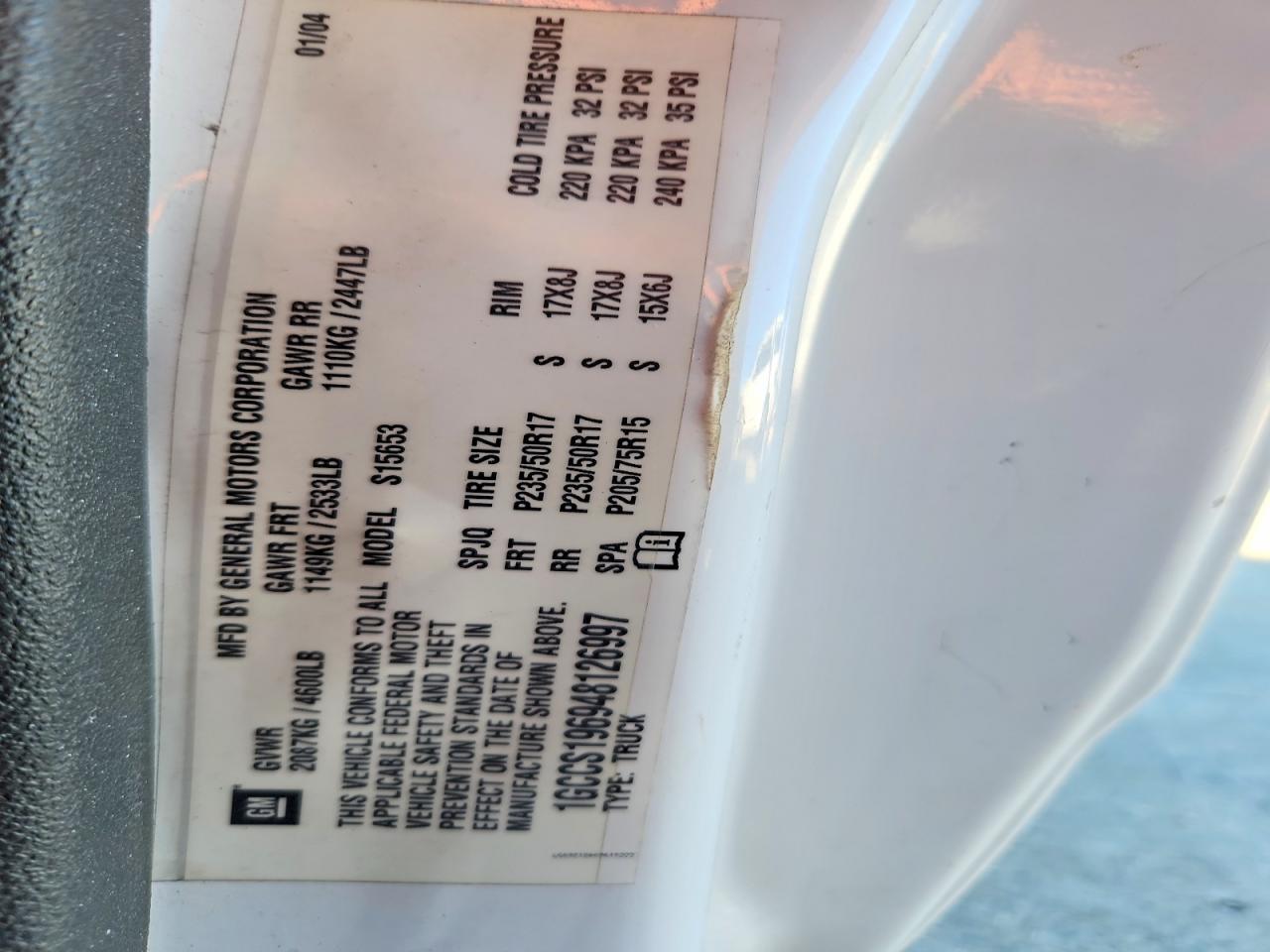 2004 Chev Colorado VIN 1GCCS196948126997 photo 12