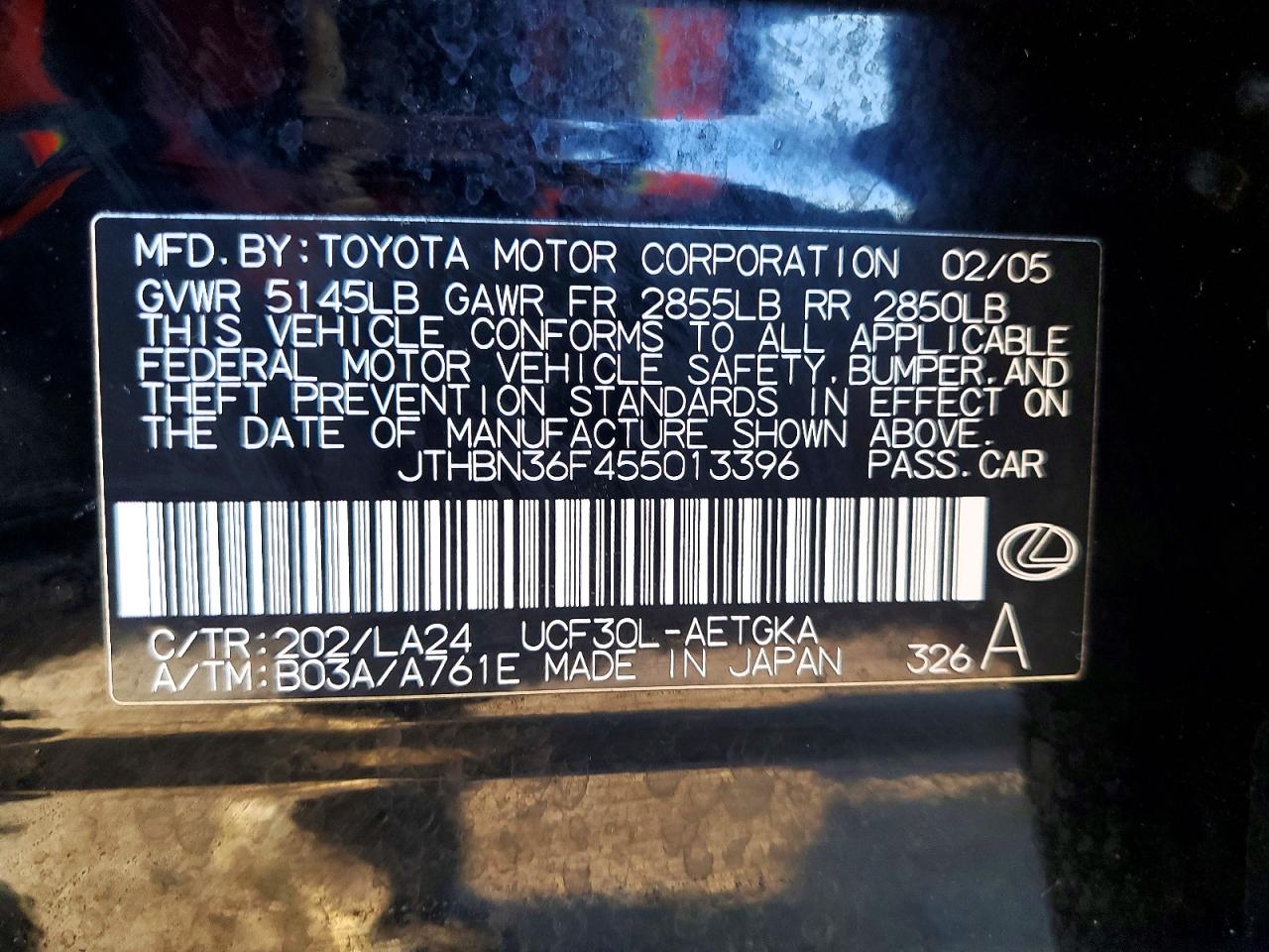 2005 Lexus Ls 430 VIN JTHBN36F455013396 photo 12
