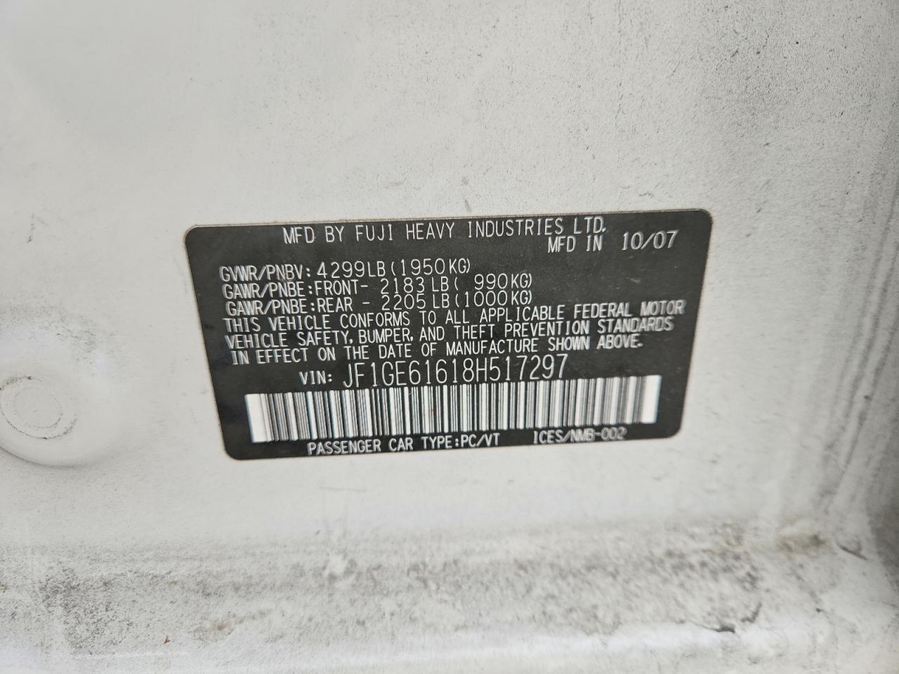 2008 SUBARU Impreza VIN JF1GE61618H517297 photo 12