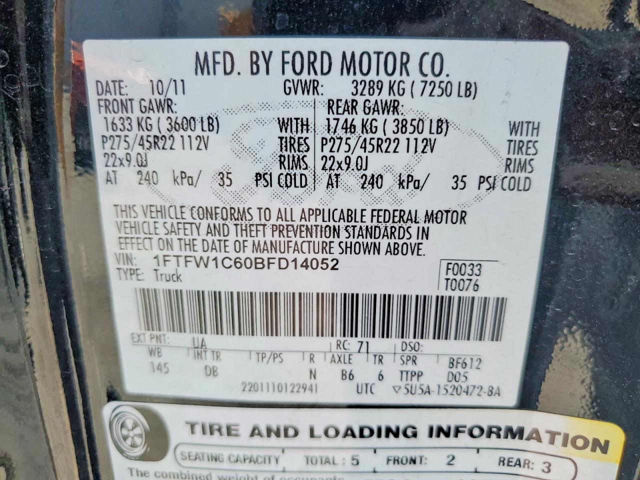 2011 Ford F150 VIN 1FTFW1C60BFD14052 photo 12