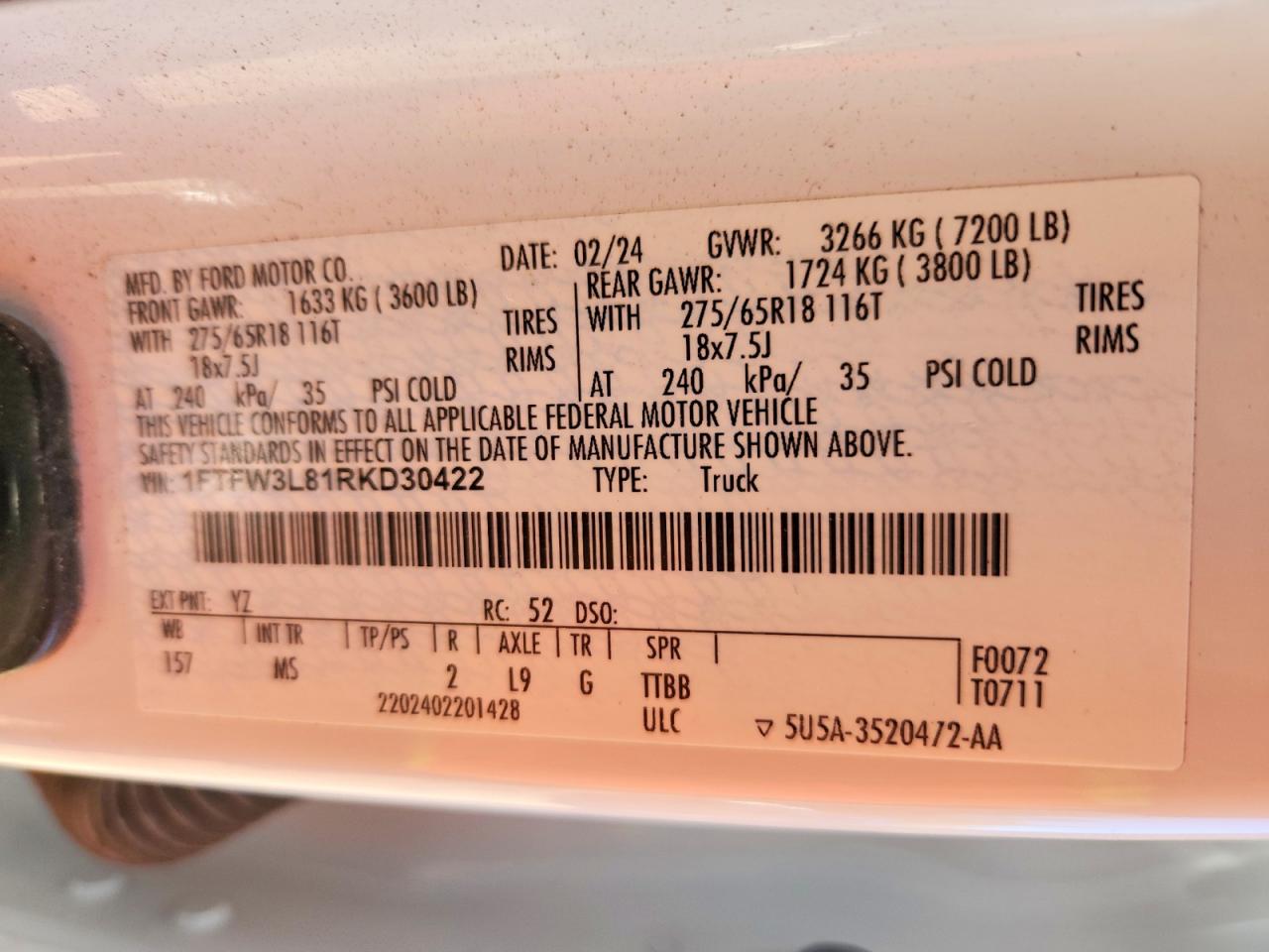 2024 Ford F150 VIN 1FTFW3L81RKD30422 photo 12