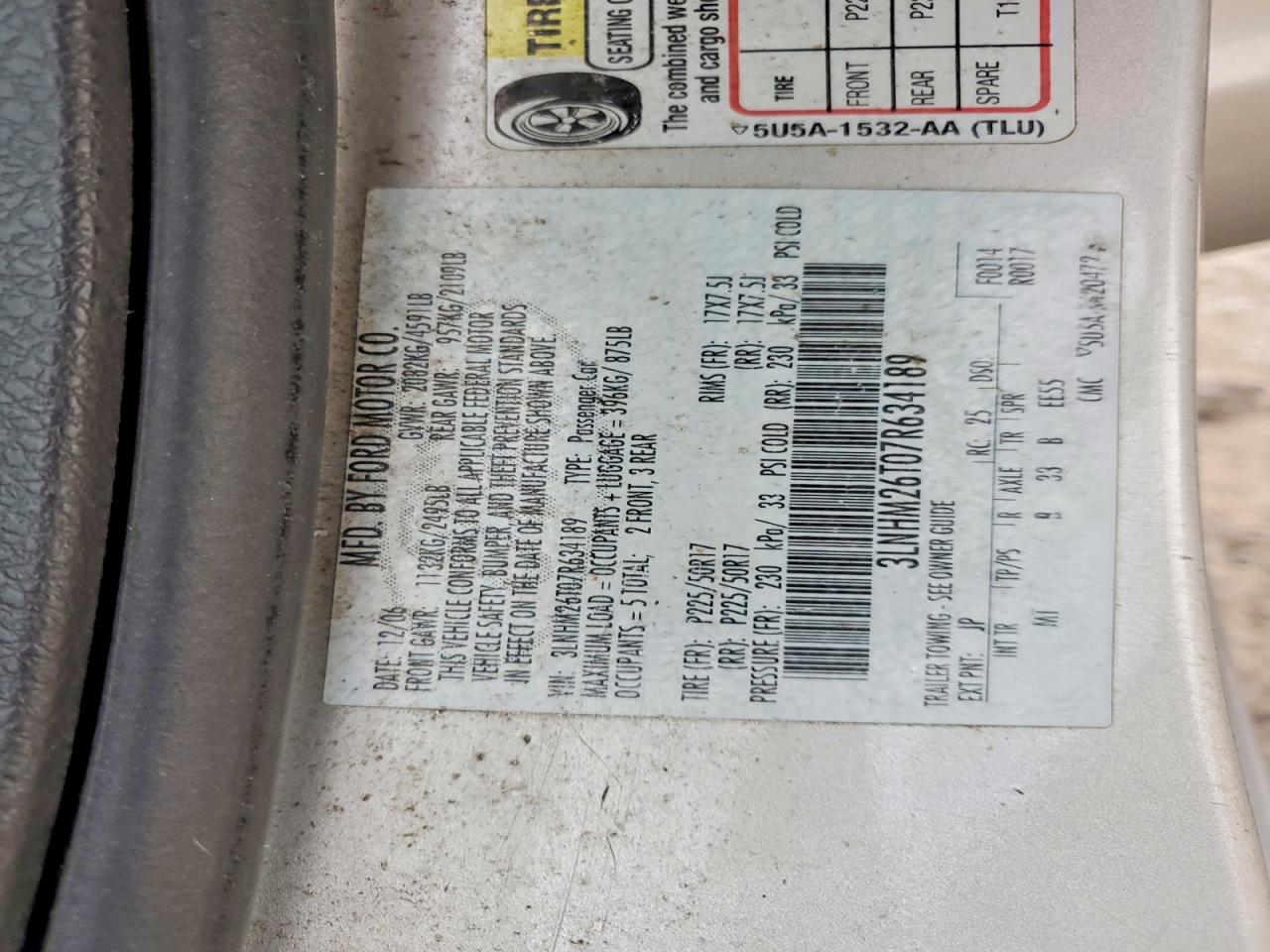 2007 LINCOLN Mkz VIN 3LNHM26T07R634189 photo 12