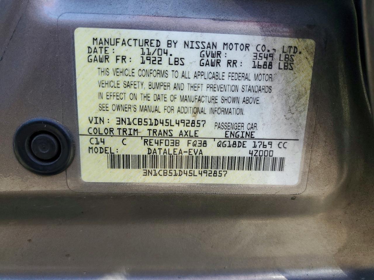 2005 NISS Sentra VIN 3N1CB51D45L492857 photo 12