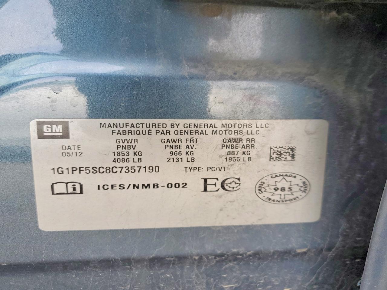2012 CHEV Cruze VIN 1G1PF5SC8C7357190 photo 12