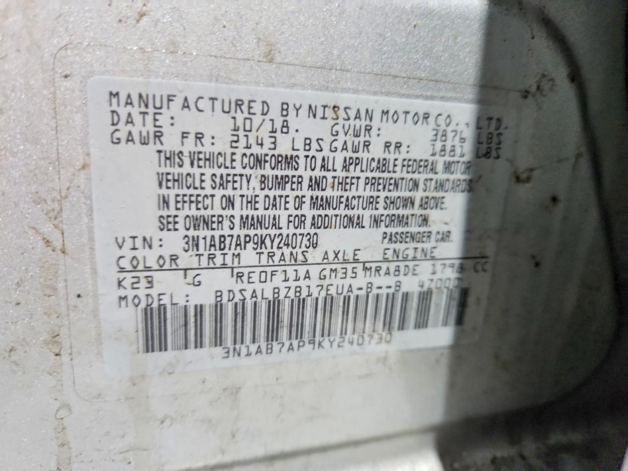 2019 NISS Sentra VIN 3N1AB7AP9KY240730 photo 12