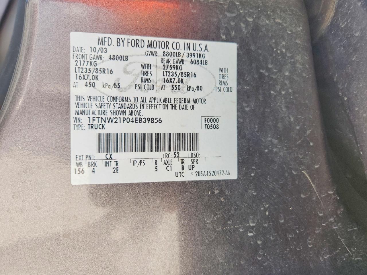 2004 FORD F250 VIN 1FTNW21P04EB39856 photo 12