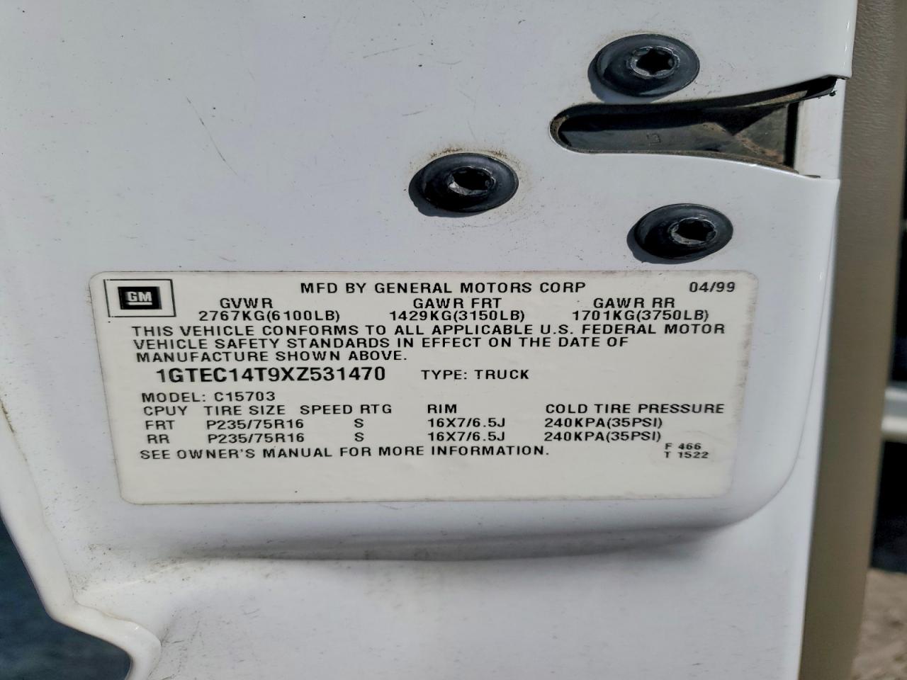 1999 GMC SIERRA VIN 1GTEC14T9XZ531470 photo 12