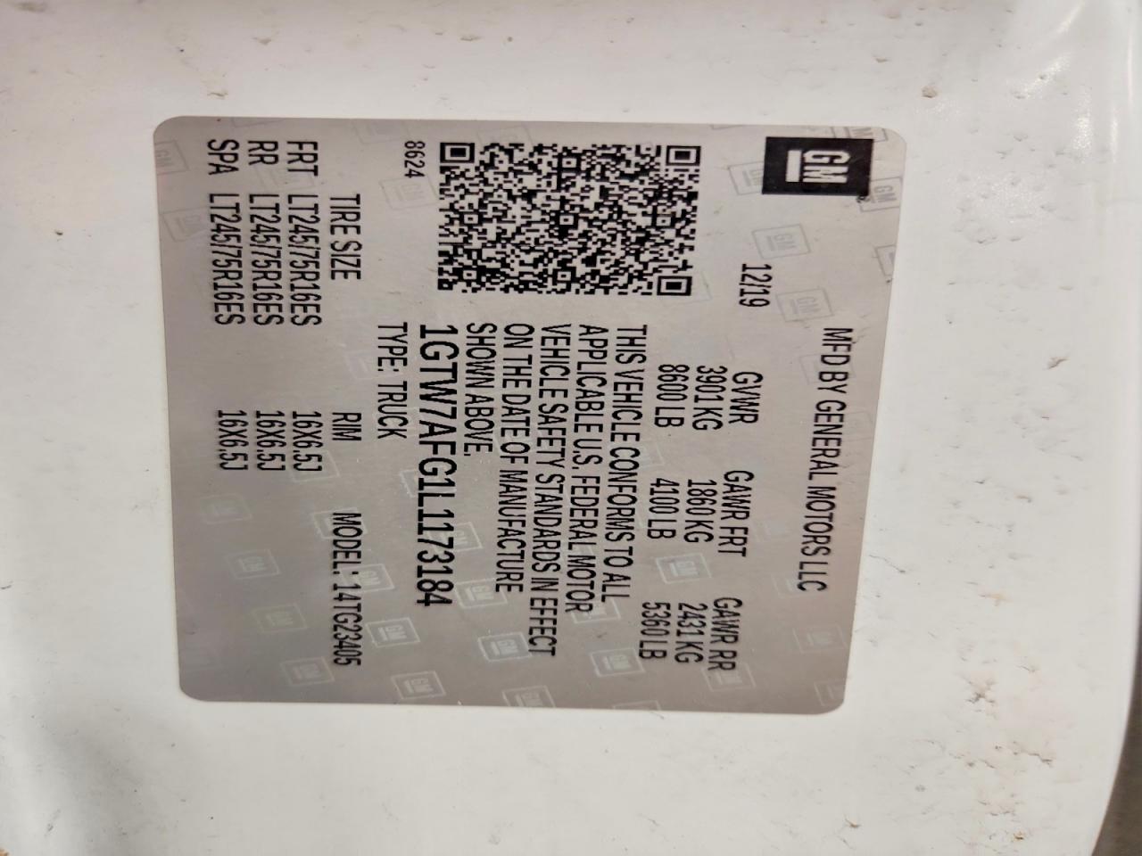 2020 GMC Savana VIN 1GTW7AFG1L1173184 photo 12
