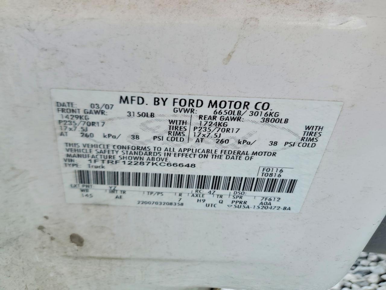 2007 Ford F150 VIN 1FTRF12287KC66648 photo 12