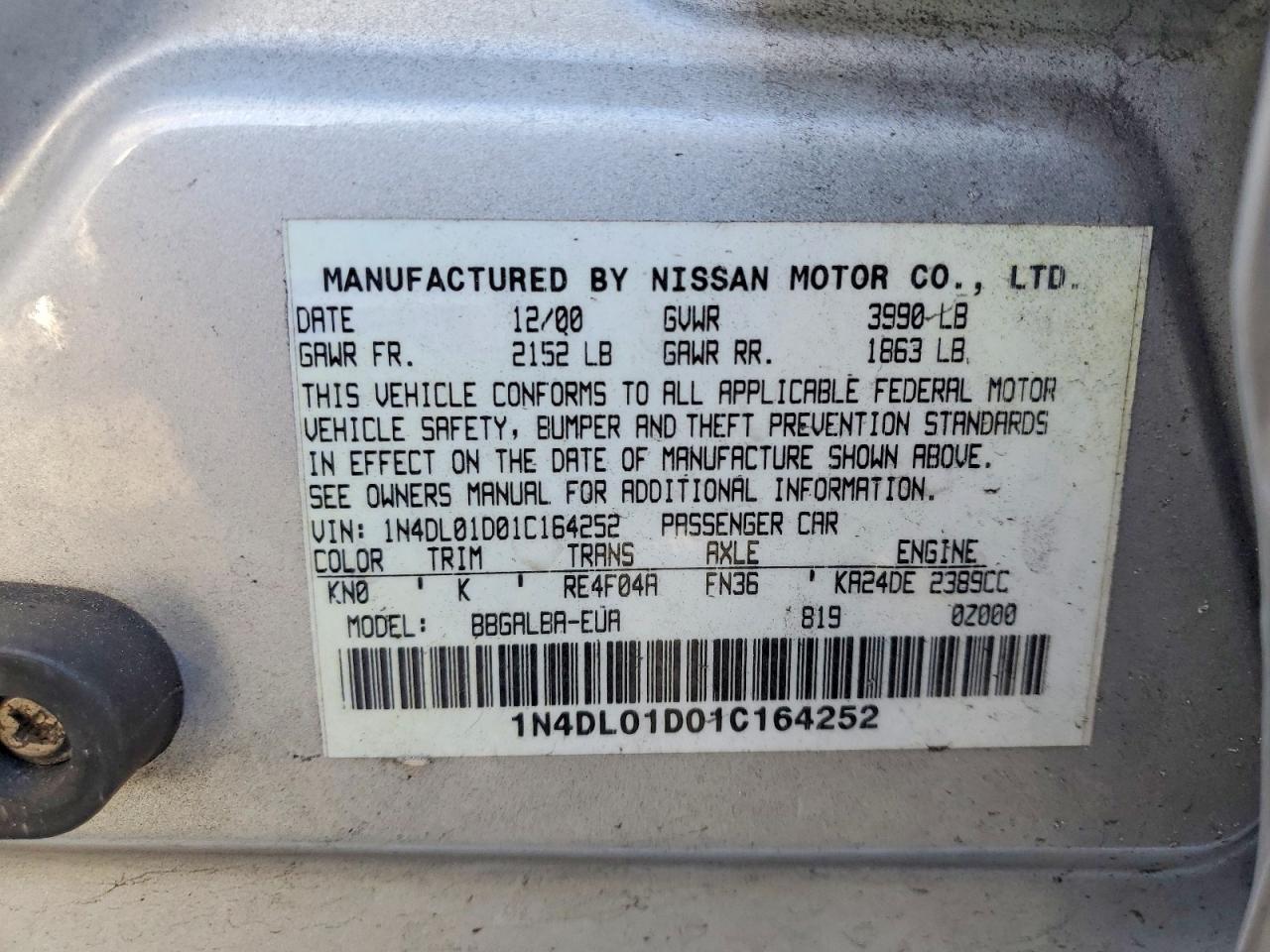 2001 NISSAN Altima VIN 1N4DL01D01C164252 photo 12