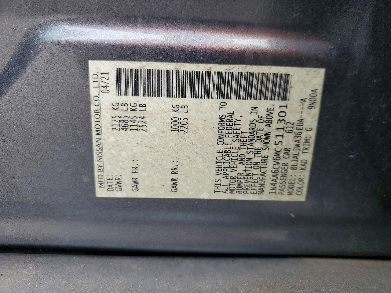 2021 Nissan Maxima VIN 1N4AA6CV6MC511301 photo 12