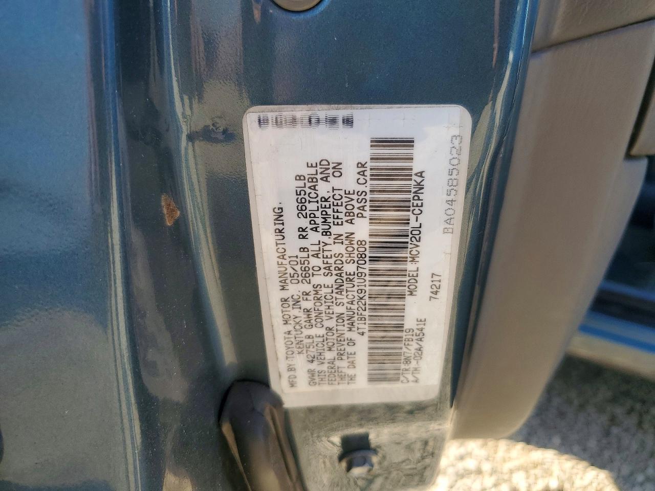 2001 TOYT Camry VIN 4T1BF22K91U970808 photo 12