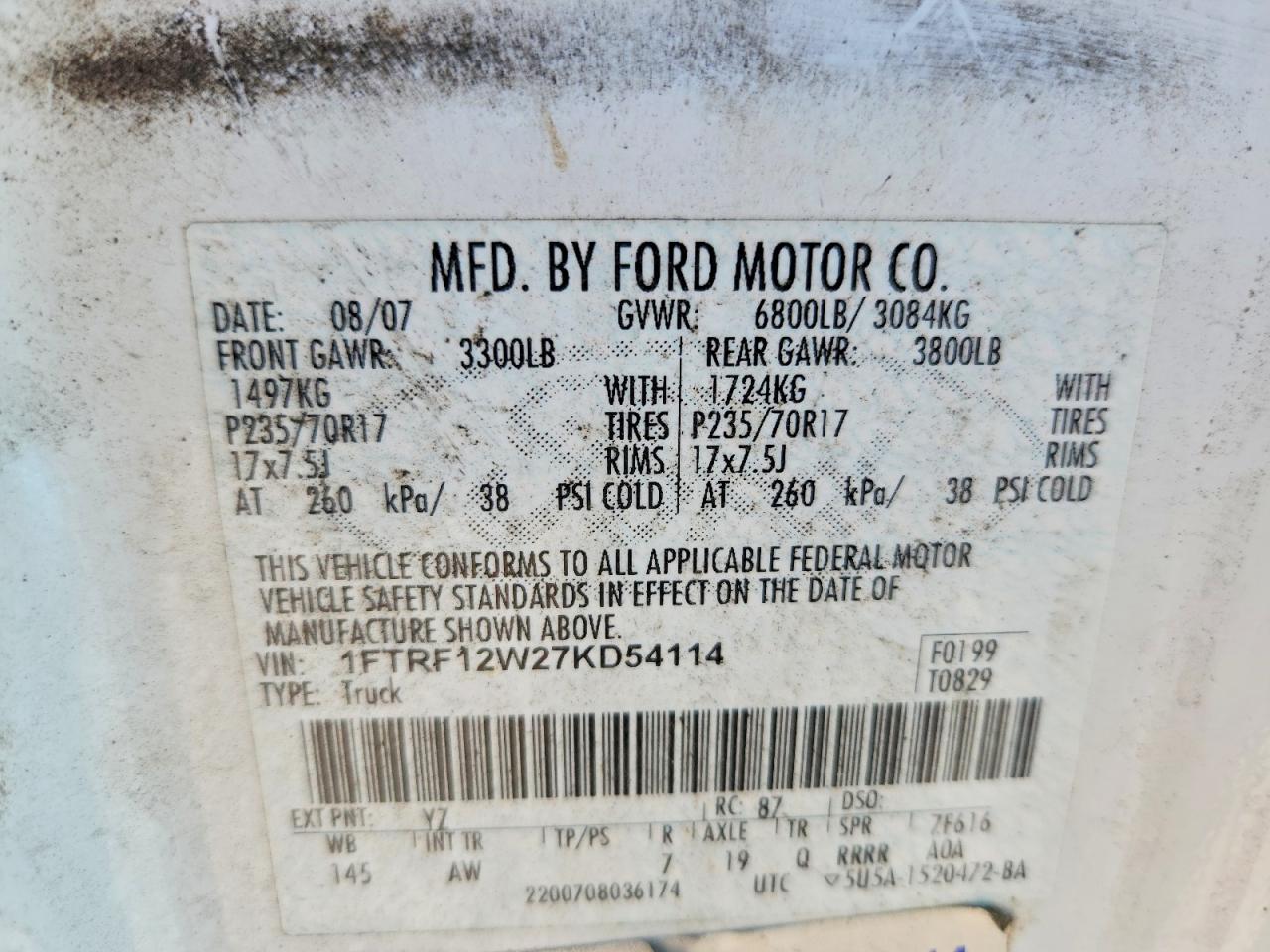 2007 Ford F150 VIN 1FTRF12W27KD54114 photo 12