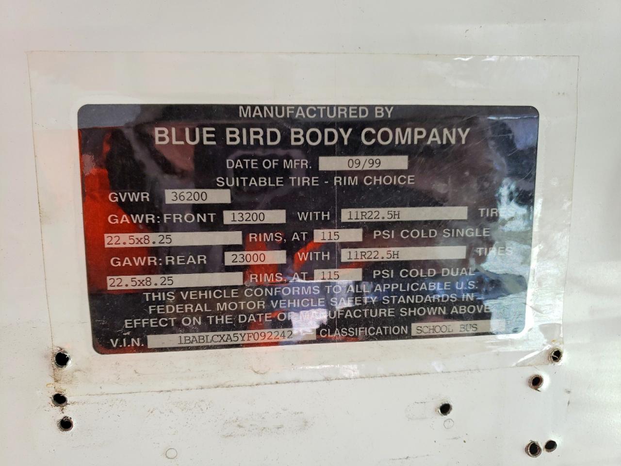 2000 BLUEBIRD School bus VIN 1BABLCXA5YF092242 photo 10