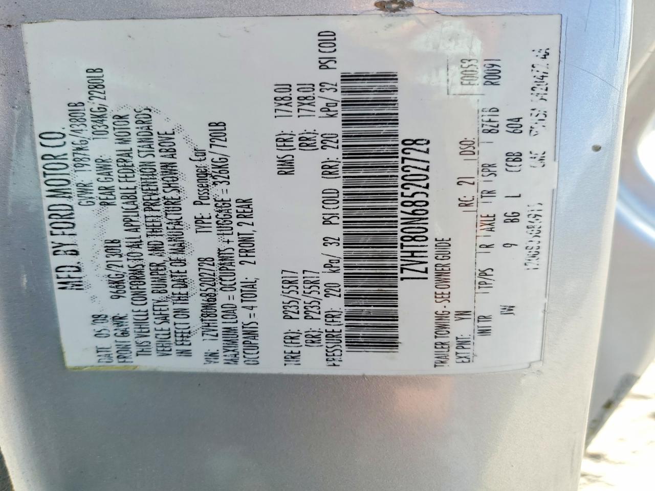2008 FORD Mustang VIN 1ZVHT80N685202728 photo 12