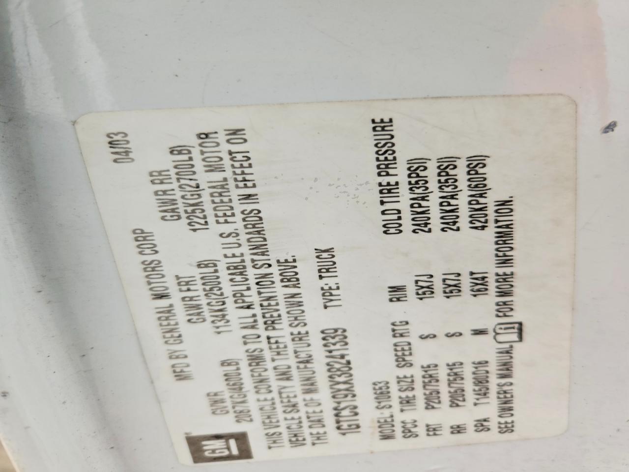 2003 GMC Sonoma VIN 1GTCS19XX38241339 photo 12