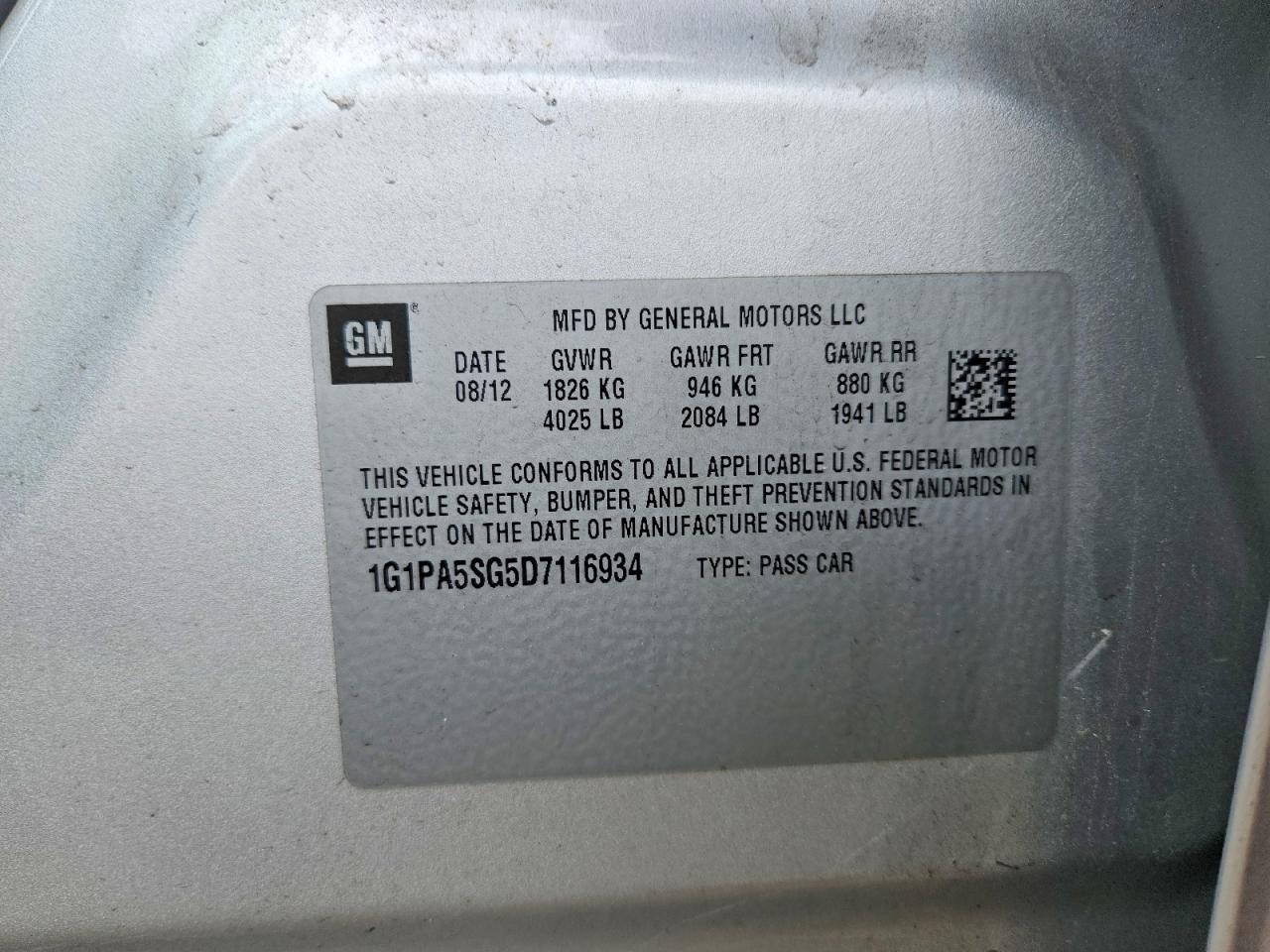 2013 Chevrolet Cruze VIN 1G1PA5SG5D7116934 photo 12