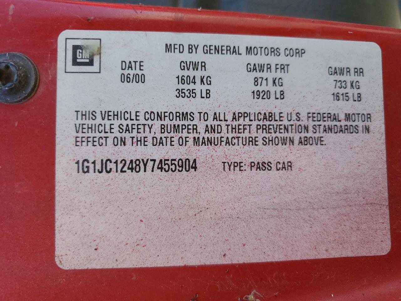 2000 Chev Cavalier VIN 1G1JC1248Y7455904 photo 12