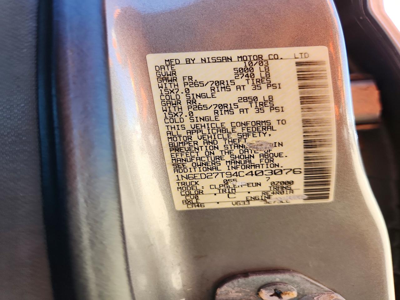 2004 Nissan Frontier VIN 1N6ED27T94C403076 photo 12