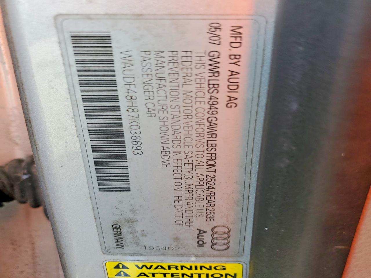 2007 Audi A4 VIN WAUDF48H87K036693 photo 12