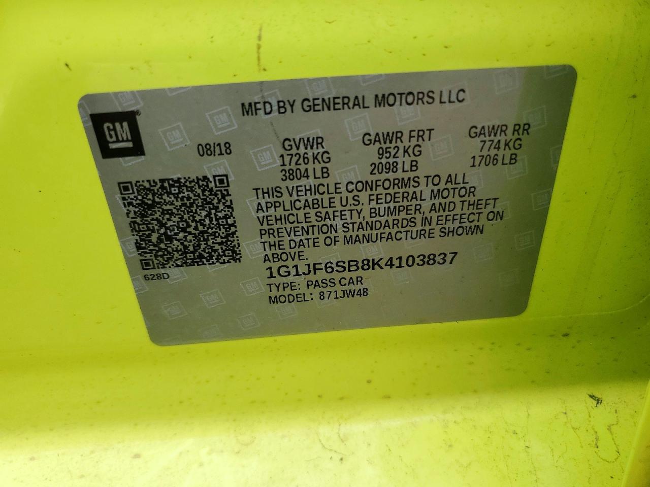 2019 Chevrolet SONIC VIN 1G1JF6SB8K4103837 photo 12