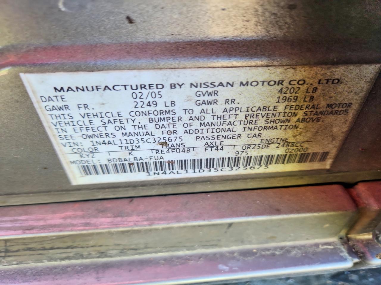 2005 NISS Altima VIN 1N4AL11D35C325675 photo 12