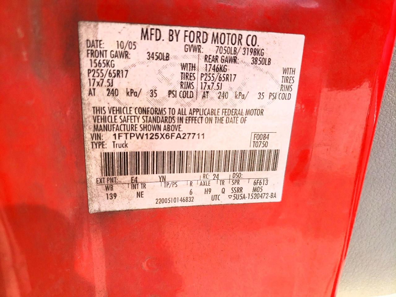 2006 Ford F150 VIN 1FTPW125X6FA27711 photo 12