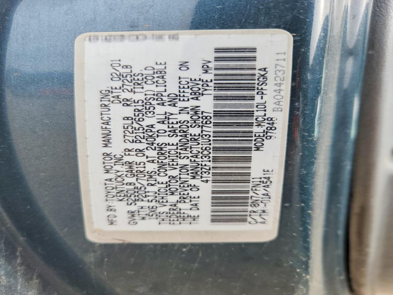 2001 Toyota Sienna VIN 4T3ZF13C61U377687 photo 12