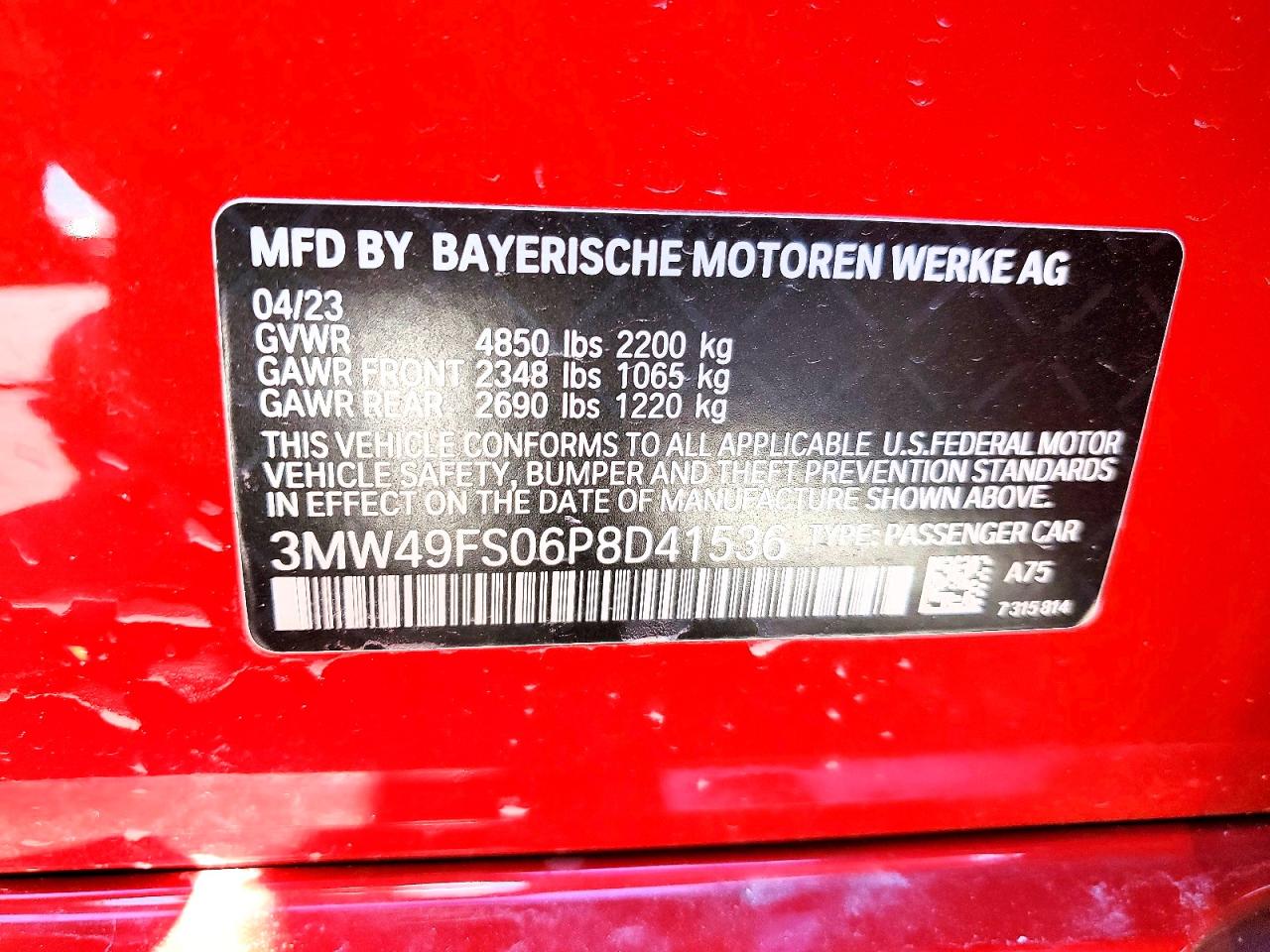 2023 BMW M3 VIN 3MW49FS06P8D41536 photo 12