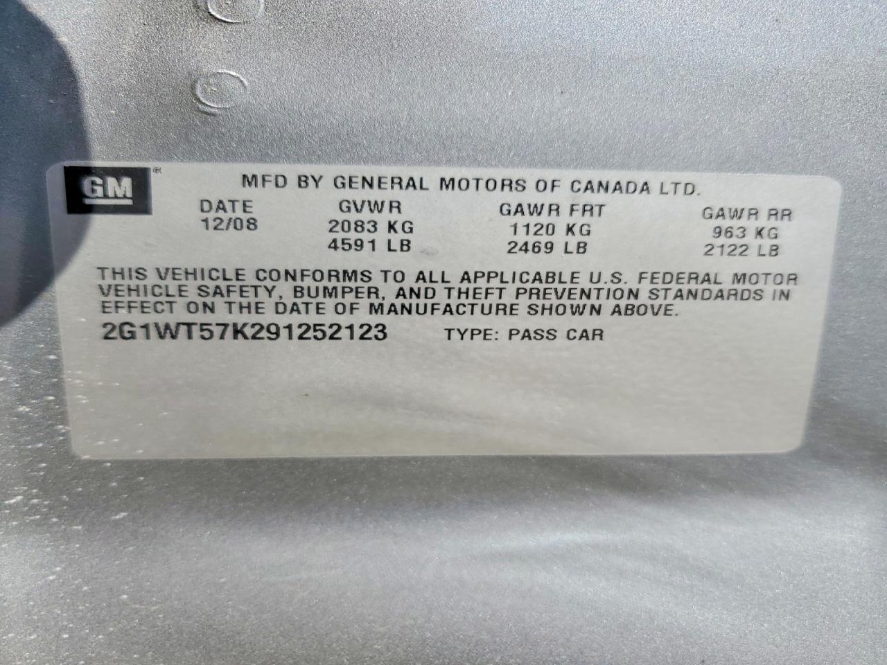 2009 CHEV Impala VIN 2G1WT57K291252123 photo 12