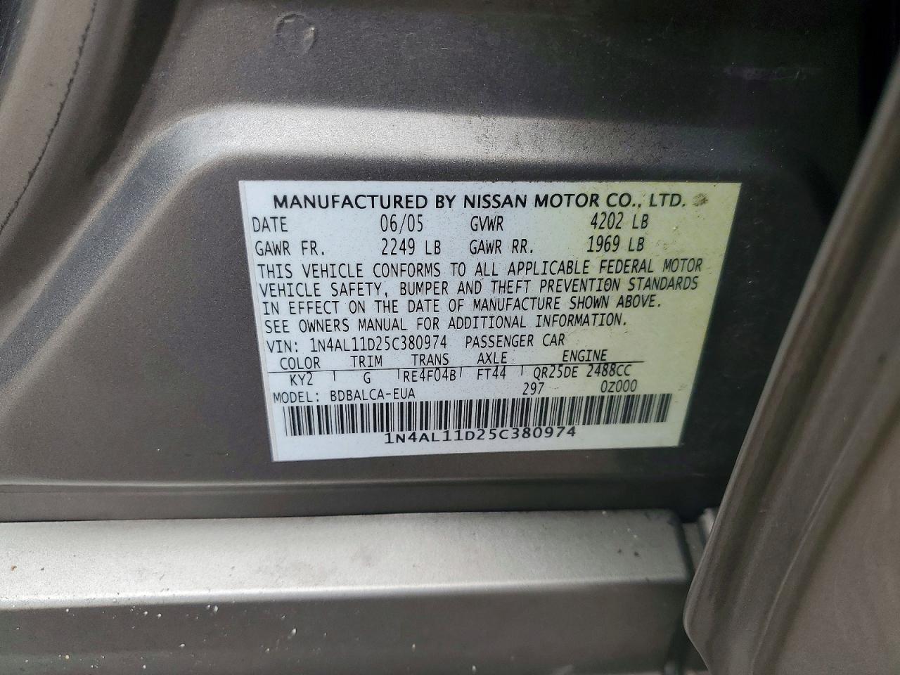 2005 Nissan Altima VIN 1N4AL11D25C380974 photo 12