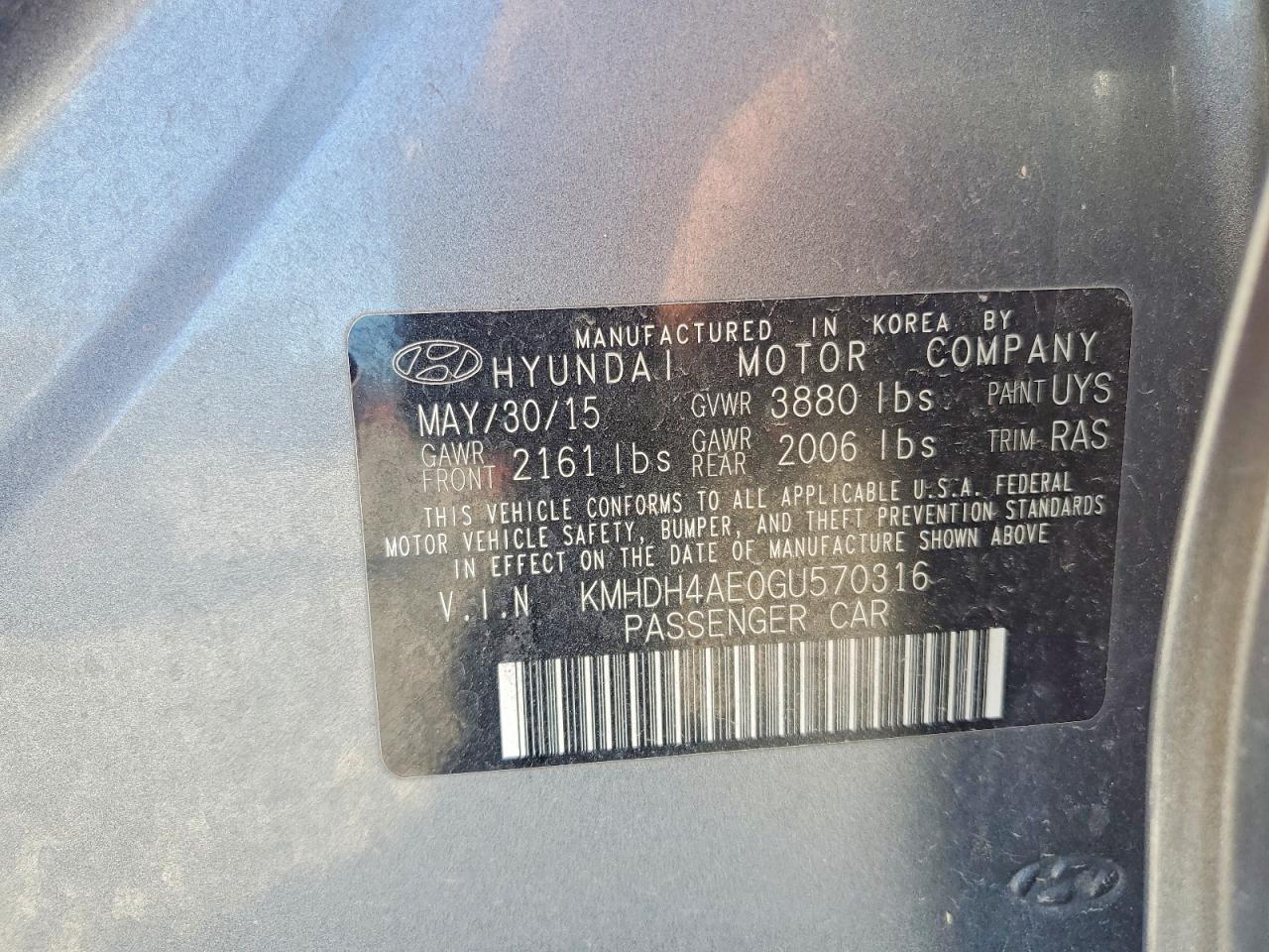 2016 HYUNDAI Elantra VIN KMHDH4AE0GU570316 photo 12