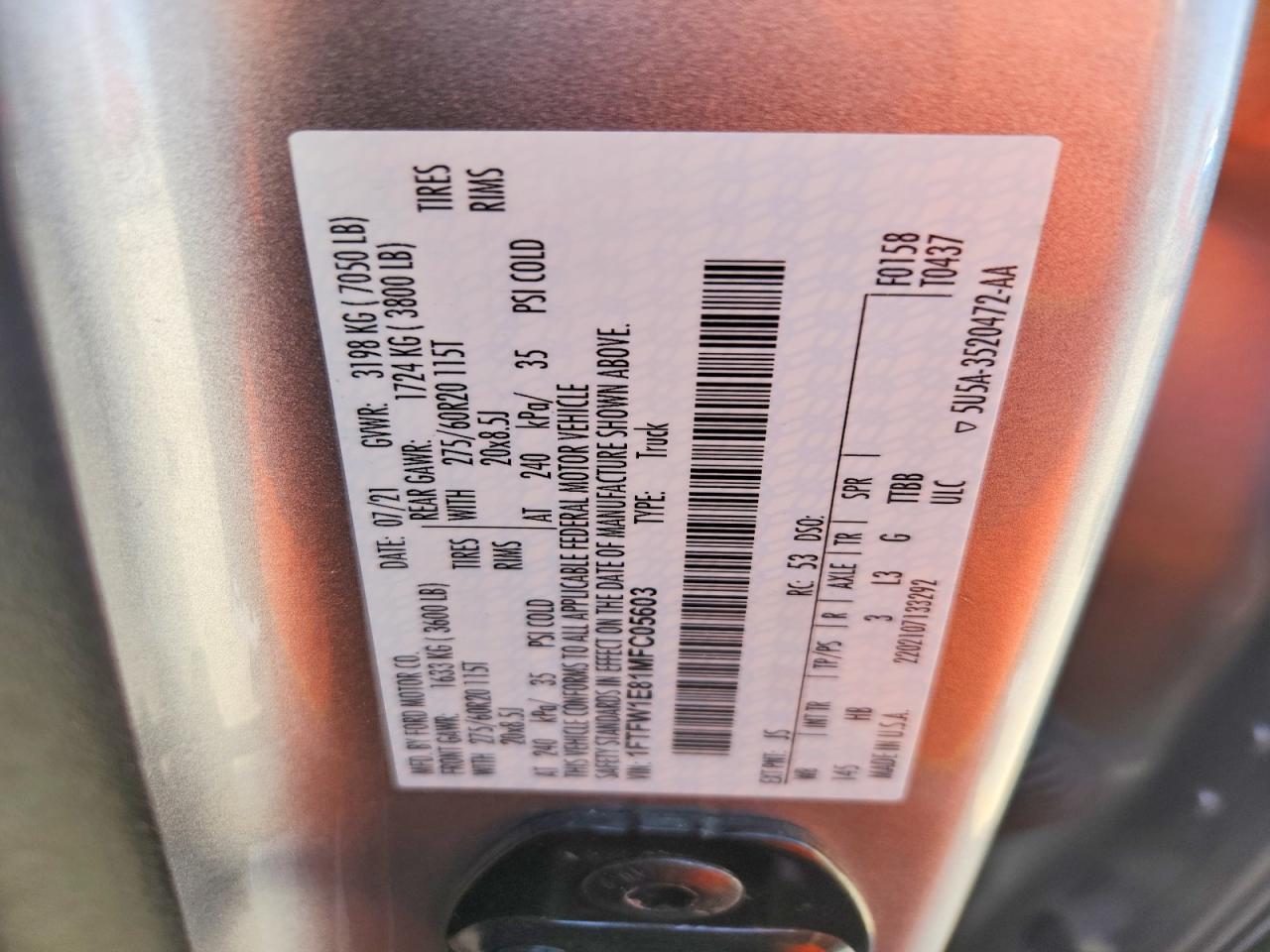2021 Ford F150 VIN 1FTFW1E81MFC05603 photo 12