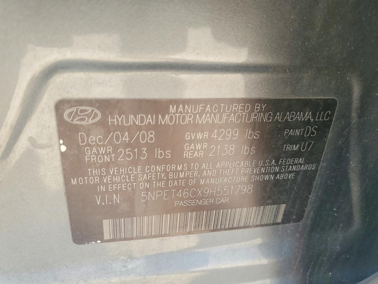 2009 Hyundai Sonata VIN 5NPET46CX9H551798 photo 12