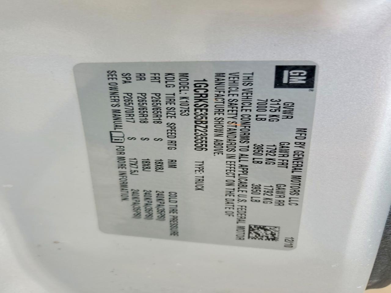 2011 CHEVROLET All models VIN 1GCRKSE35BZ235556 photo 12