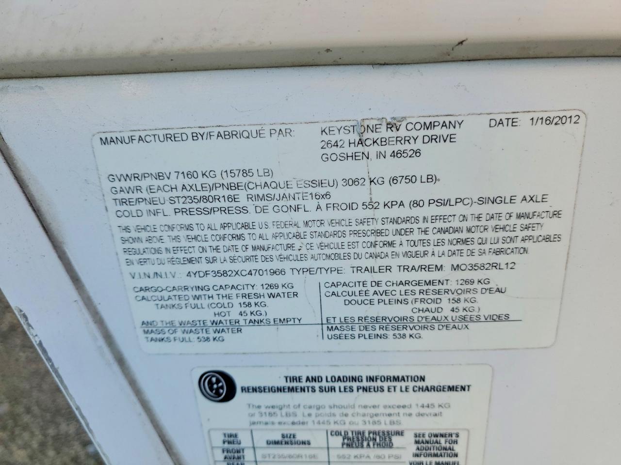 2012 KEYSTONE Trailer VIN 4YDF3582XC4701966 photo 10