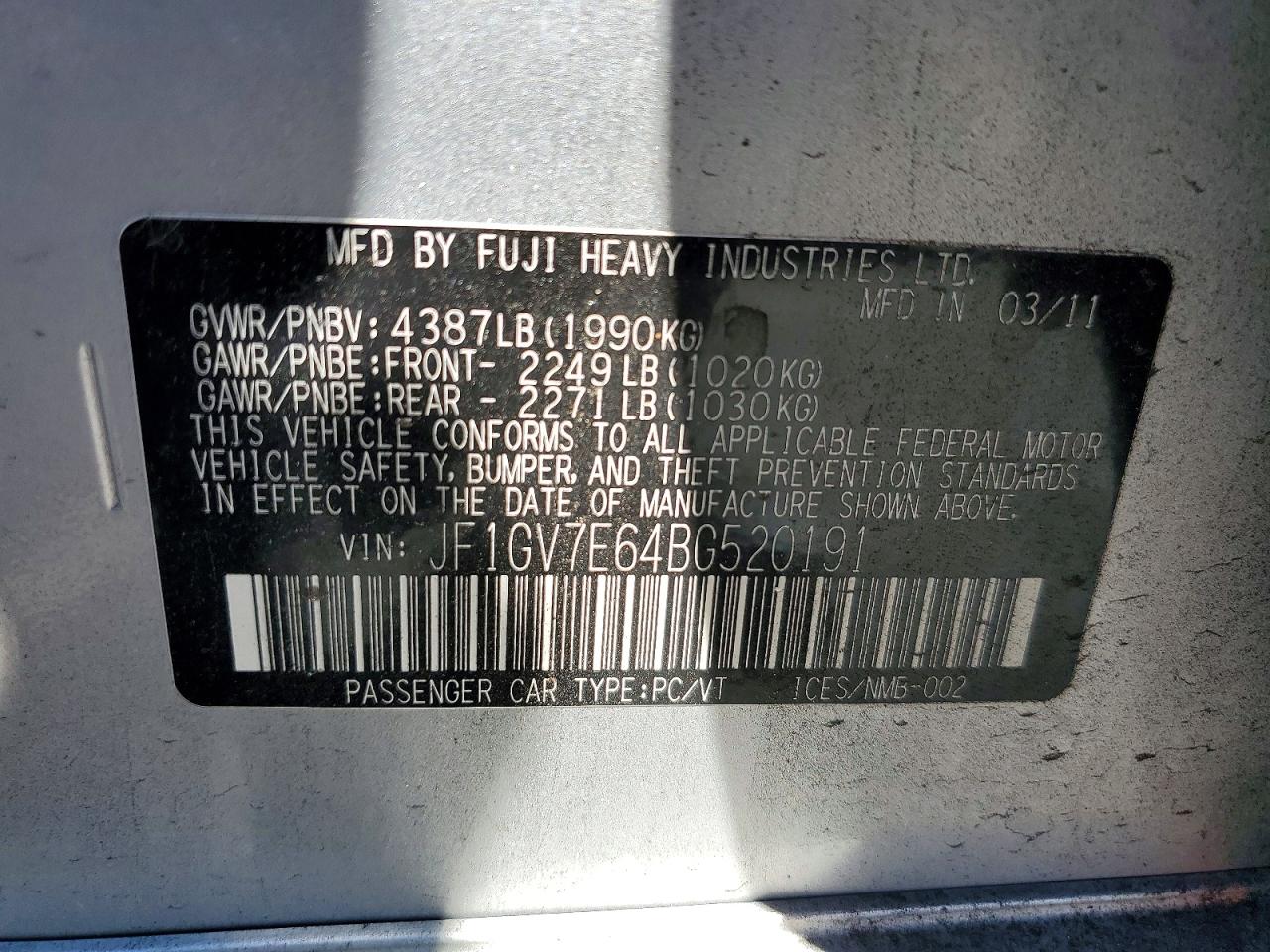 2011 Subaru Wrx VIN JF1GV7E64BG520191 photo 12