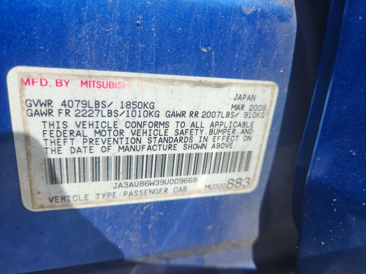 2009 Mitsubishi Lancer VIN JA3AU86W39U009668 photo 12