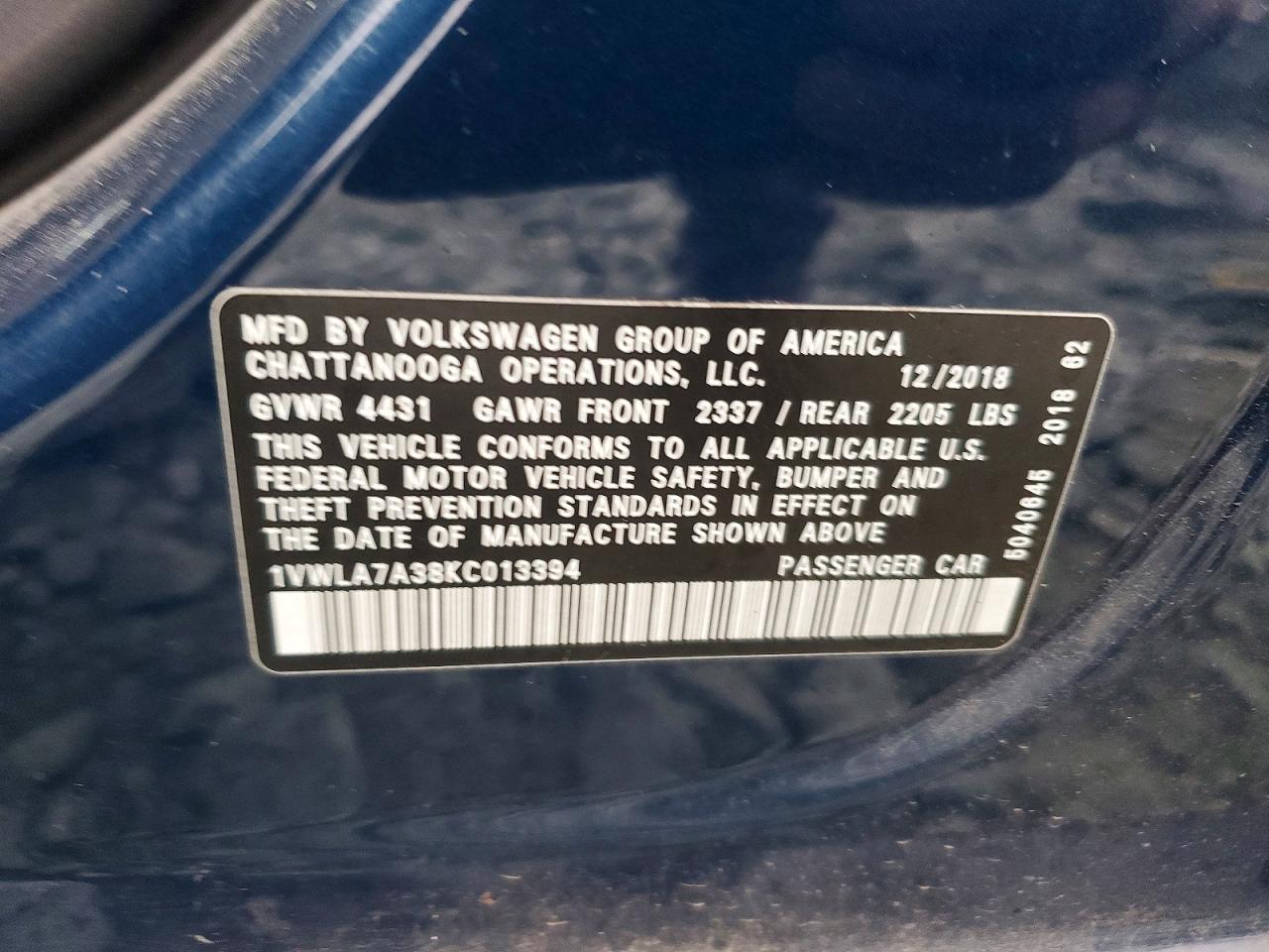 2019 Volkswagen Passat VIN 1VWLA7A38KC013394 photo 12