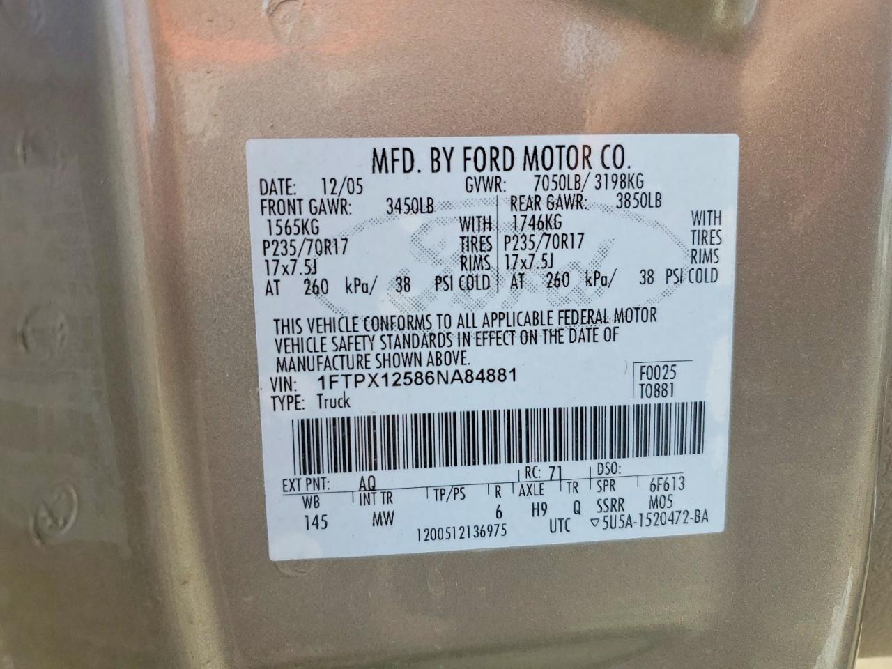 2006 FORD F150 VIN 1FTPX12586NA84881 photo 12
