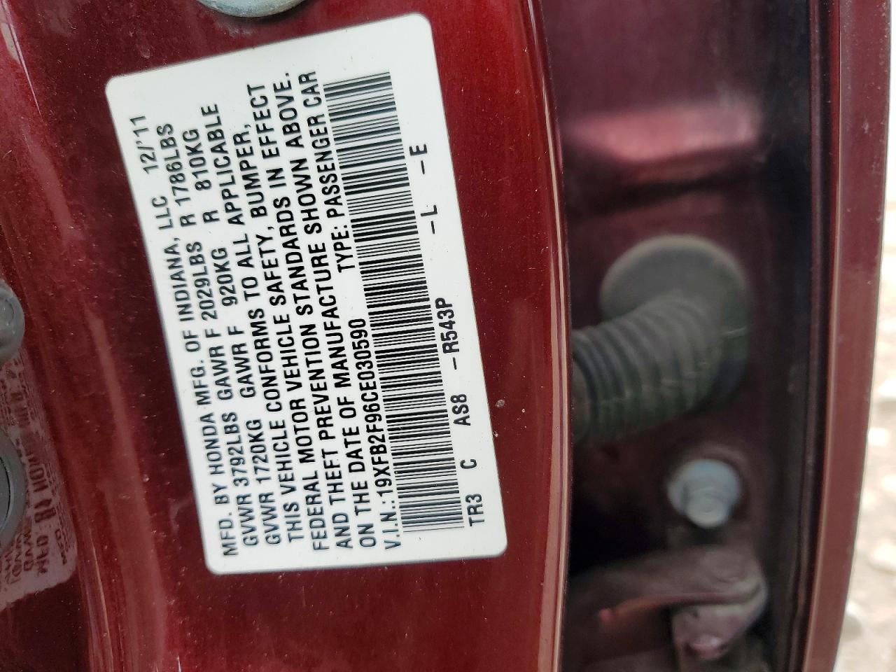 2012 Honda Civic VIN 19XFB2F96CE030590 photo 12