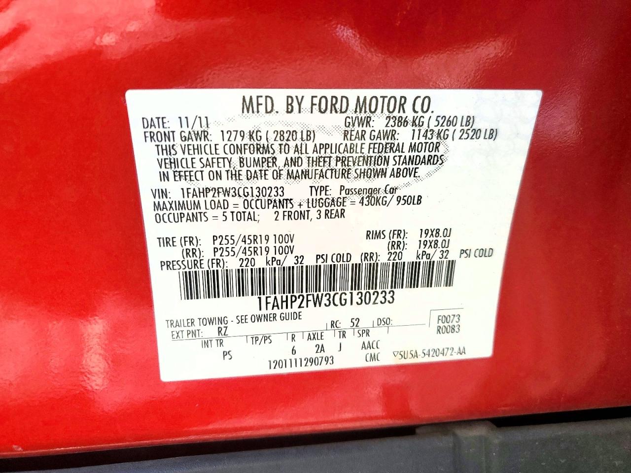 2012 Ford Taurus VIN 1FAHP2FW3CG130233 photo 12