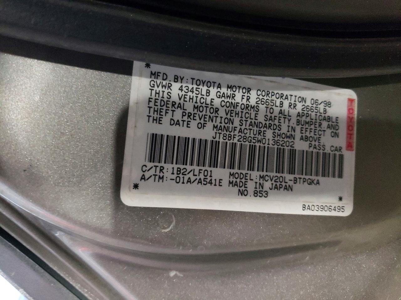 1998 LEXUS Es 300 bas VIN JT8BF28G5W0136202 photo 12