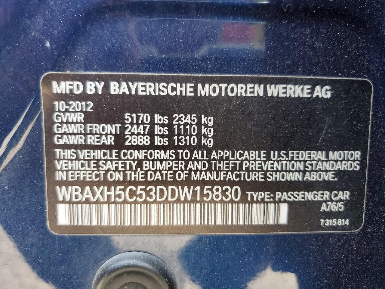 2013 BMW 5 series VIN WBAXH5C53DDW15830 photo 12