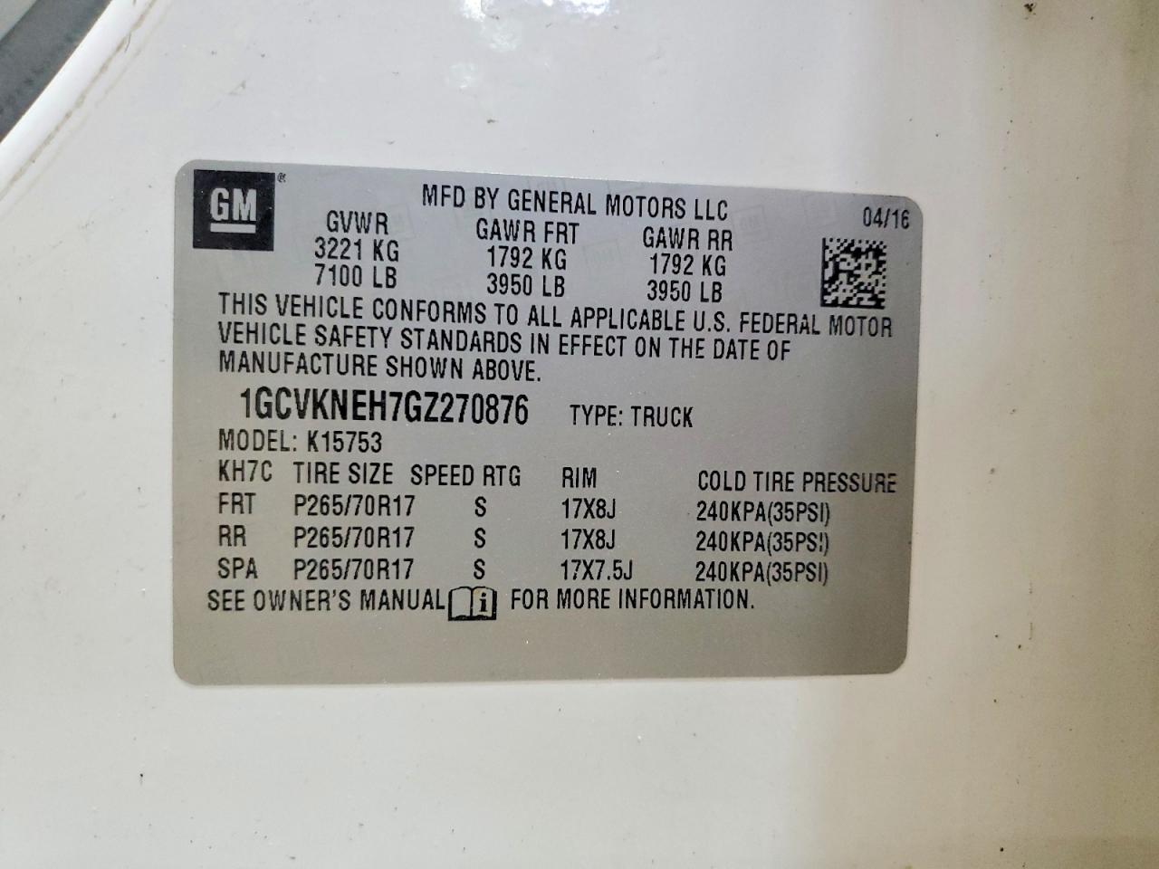 2016 Chevrolet All models VIN 1GCVKNEH7GZ270876 photo 12