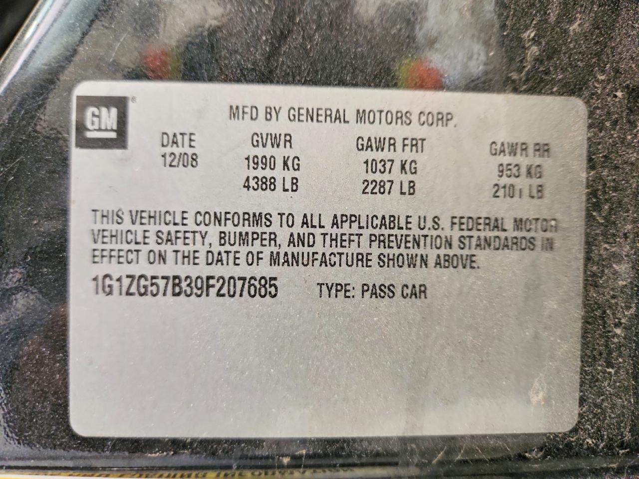 2009 CHEV Malibu VIN 1G1ZG57B39F207685 photo 12